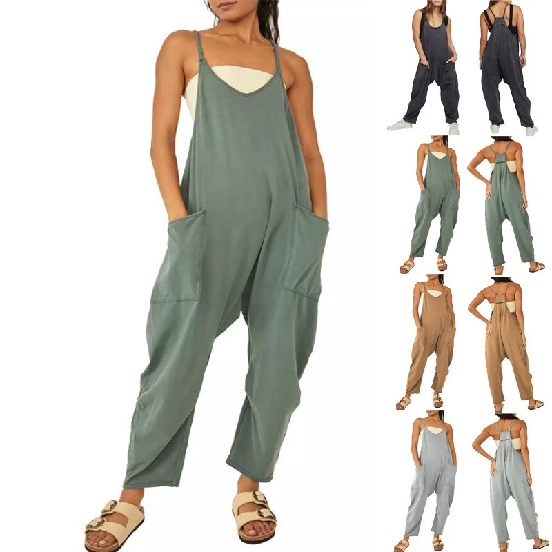 Molizhi Spaghetti Long Length Pocket Jumpsuit, Casual Sleeveless Loose Zip Back Jumpsuit, Women's Clothing