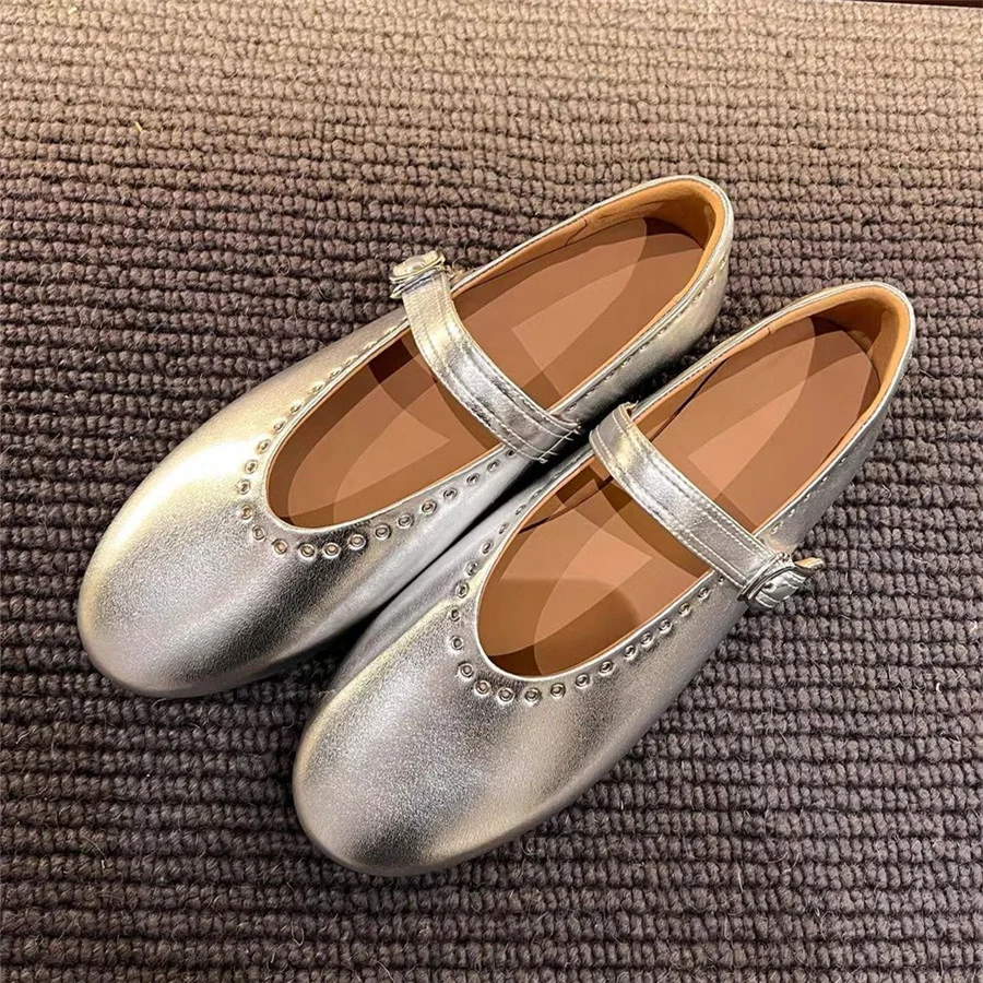 

Женские удобные балетки с заклепками, Туфли Мэри Джейн на плоской подошве с круглым носком, повседневные Лоферы для прогулок в стиле ретро, 2024
