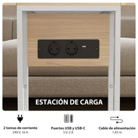 Table d'appoint pour canapé avec plateau pliable et station de charge, forme en C, pour salon, blanc et naturel 6
