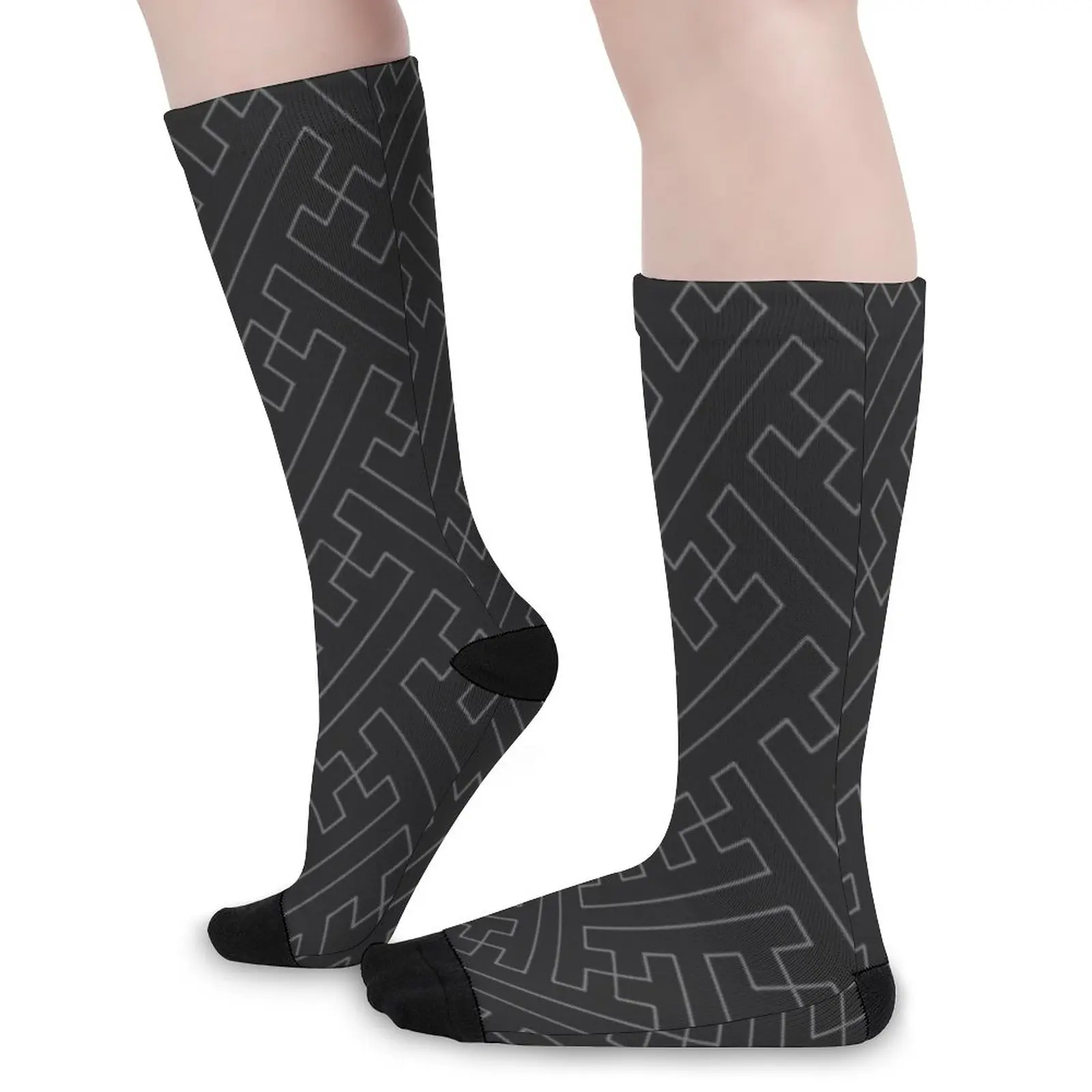 Traditional Japanese Sayagata Geometric Pattern in Greyscale/Black and Grey Socks sports and leisure luxury socks