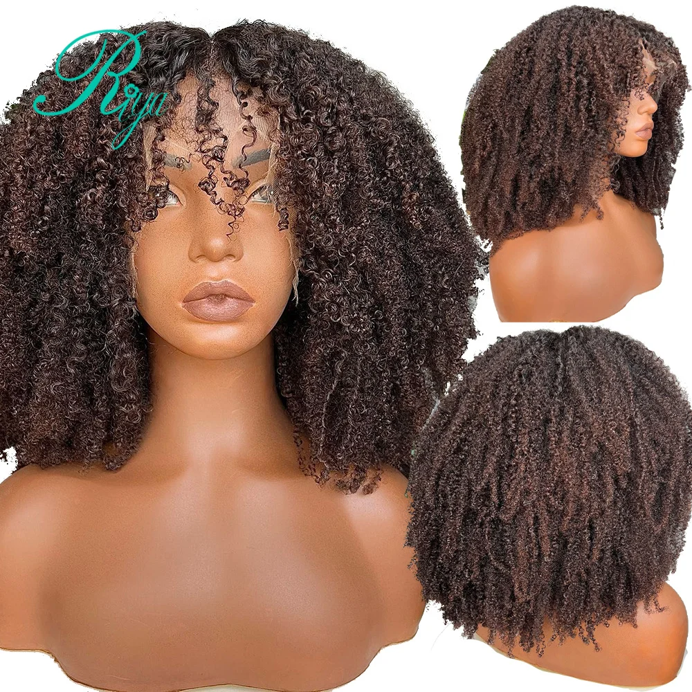 Afro Kinky Curly Brown 360 Full Lace Wig Short Bob Cut Wig with Bang Remy Human Hair Wigs 4X4 Lace Closure 250% Remy