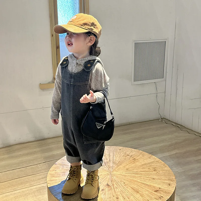 

toddler Girls denim pants Korean spring autumn denim loose big pocket one-piece pants baby girl hooded top set kids clothes