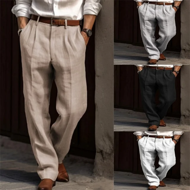 Vintage Solid Color Loose Linen Trousers For Mens Spring Summer New Casual Straight Pants Men Fashion Pleated Breathable Pants 2