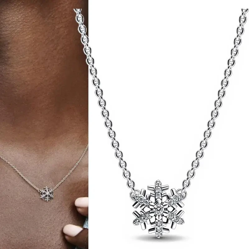Original Logo Women's Necklace Sparkling Dense Set Snowflake Logo Necklace% 925 Silver DIY Charm Jewelry Fashion Light Luxury