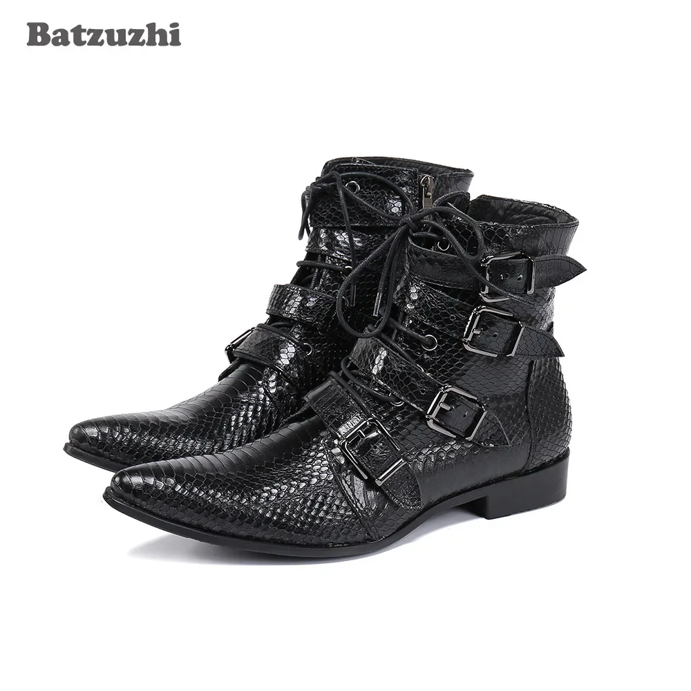 

Batzuzhi Rock Western Cowboy Men's Boots Pointed Toe Black Genuine Leather Ankle Boots Buckles Zip Motorcycle Boots Men, 38-46