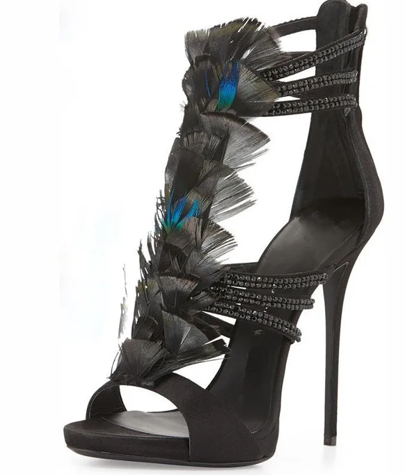 

Women's Sexy Black Feather Embellished Sandals Ankle With Lock Gold Silver Snake Print Sandals Gold Stilettos Suede Large Size