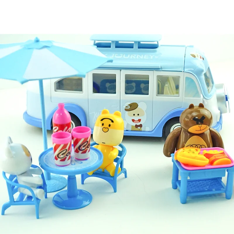 Camping Car Kids Picnic Ice Cream RV Set 1:12 Forest Animal Family Dolls Parasol Table Chair Stickers Suit Pink Children Toys 4