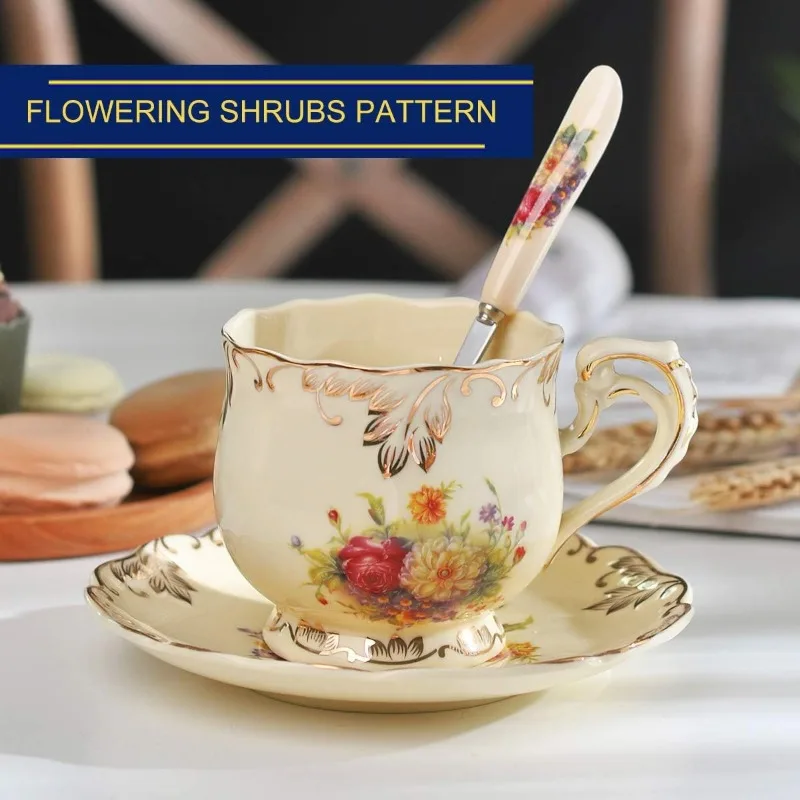 Flowering Shrubs Tea Cups and Saucers Set of 6, Tea Set, Ivory Ceramic Floral Cups Set with Golden Rack, Coffee Set,