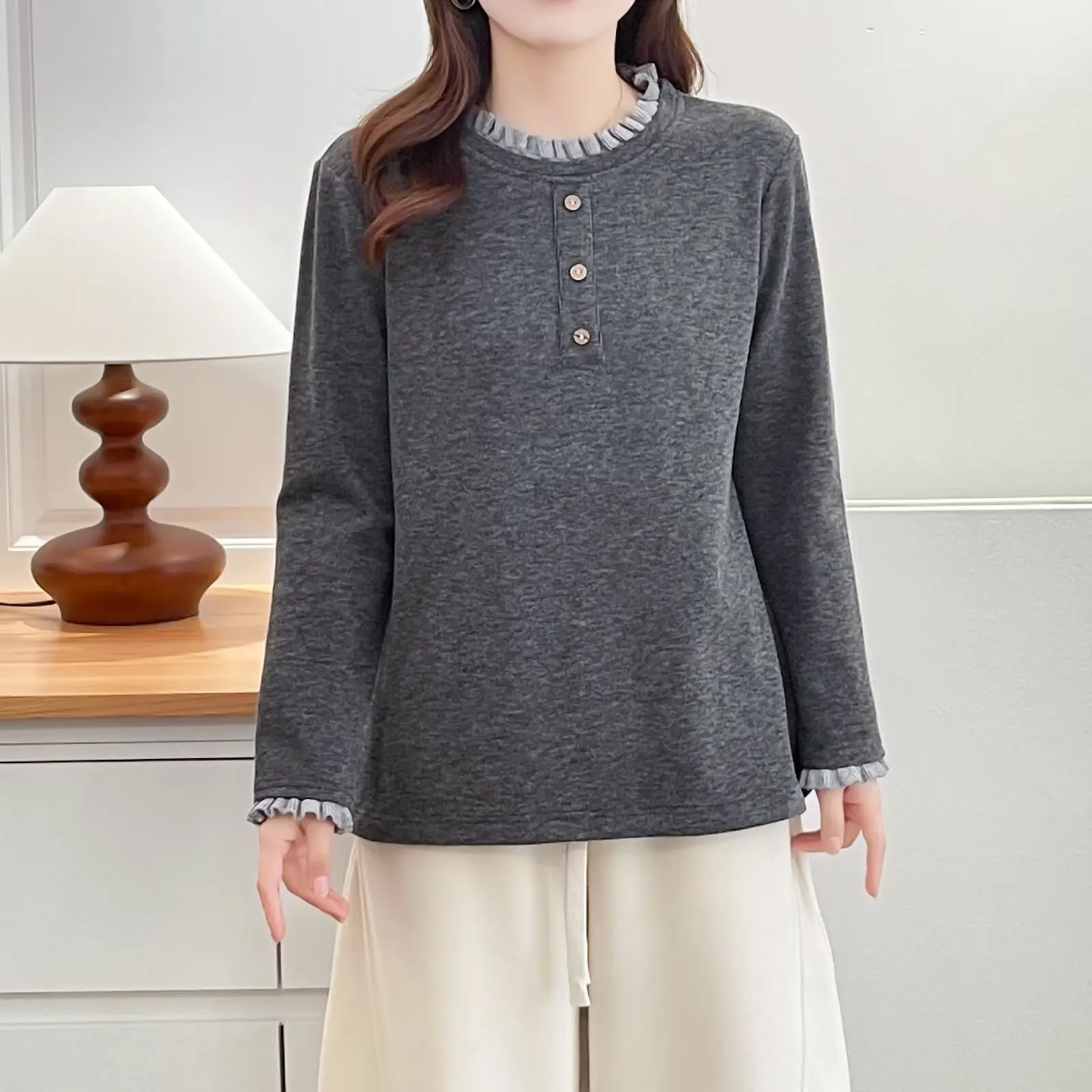 XXXXL Fashion Plus Size Women's T-Shirt New Autumn And Winter Fleece Warm Color Blocking Ruffled Collar Long Sleeved Top 8857