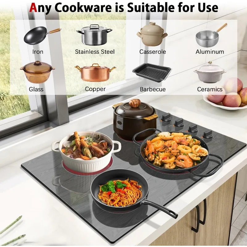 Karinear 30 Inch 4 Burners Electric Cooktop,Knob Control Electric Stove Glass Cooktop with Beautiful Wooden Pattern,30" Built-in
