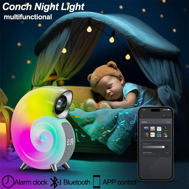 

Smart Conch Night Light Music Rhythm Lights RGB Atmosphere Wake-up Lamp APP Control Bluetooth Speaker Alarm Clock to Aid Sleep