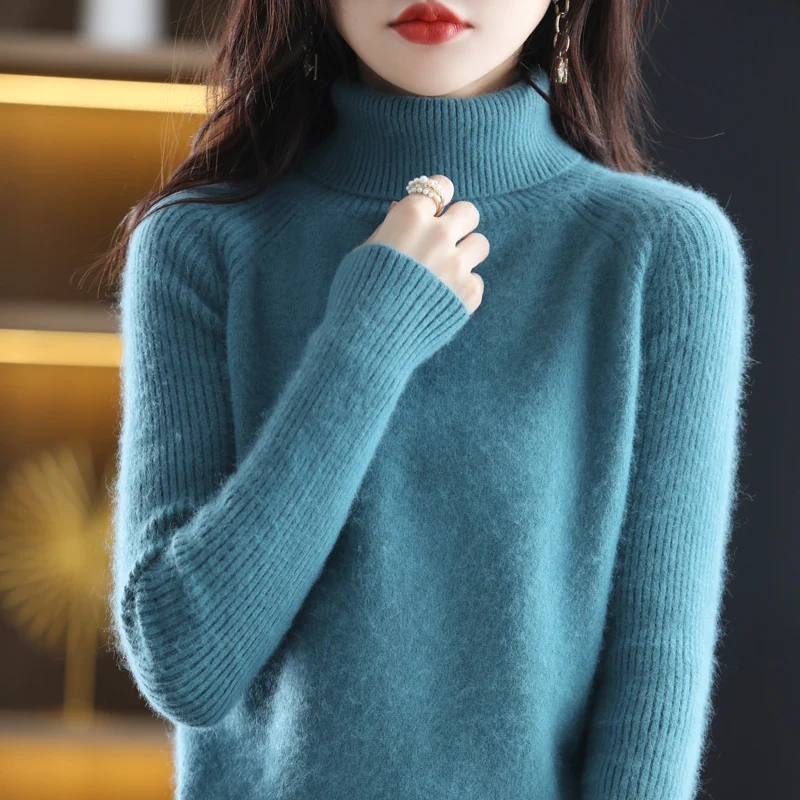 여성용 100% 밍크 벨벳 스웨터, 터틀넥 니트 풀오버, 부드럽고 따뜻한 단색 상의, 한국 버전, 가을 및 겨울 신상
