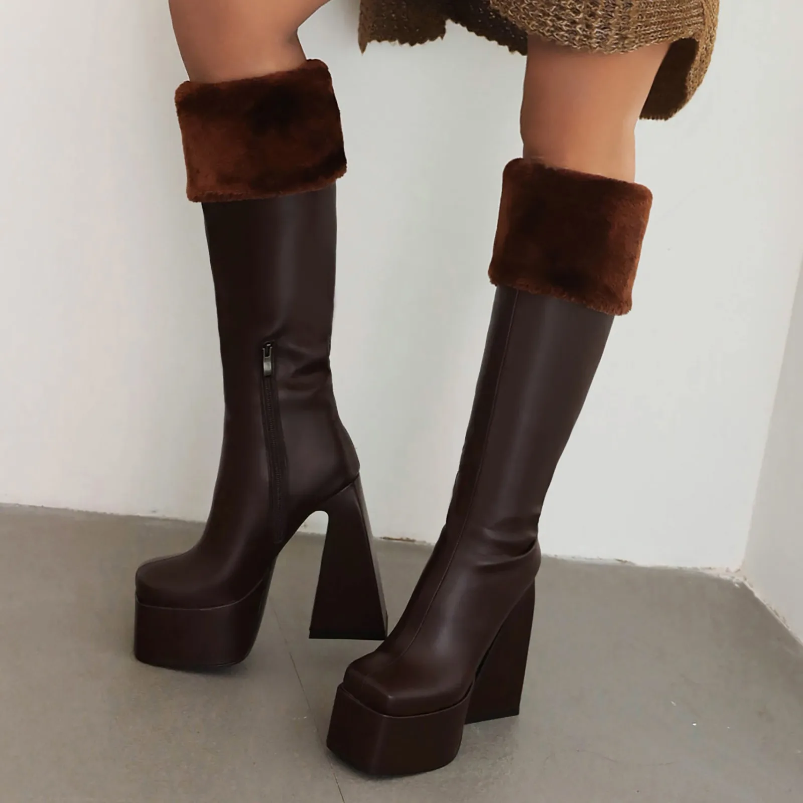 

Удобные женские ботинки из искусственной кожи для прогулок; Зимние высокие сапоги до колена на высоком каблуке с круглым носком; Осенняя обувь; Женские ботинки