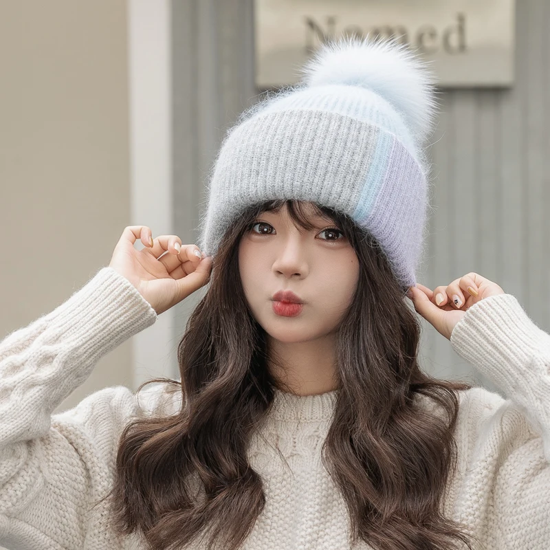 2025 New Rabbit Fur Beanies Soft Warm Fluffy fur pompom Winter Hat for Women Angora Knitted Hat Skullies Female Bonnet Knit Cap 3