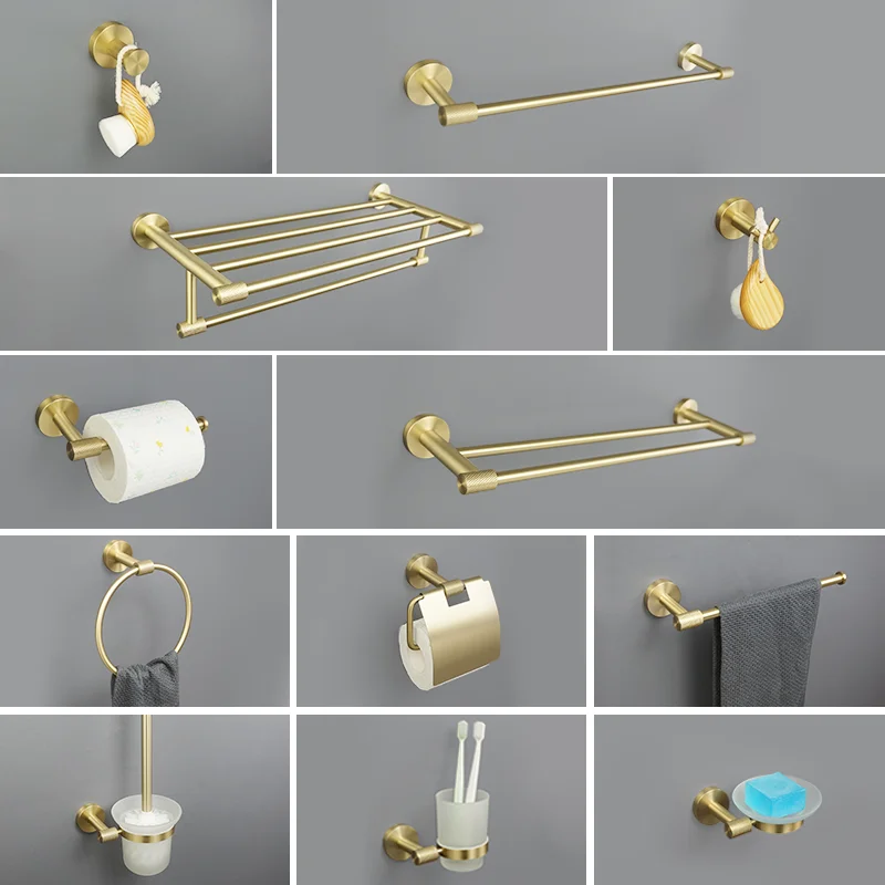 Brushed Gold Hardware Kit Wall Mount Hand Towel Bar Rack Toilet Roll Paper Holder Robe Hook Cup HangerBathroom Accessories Set