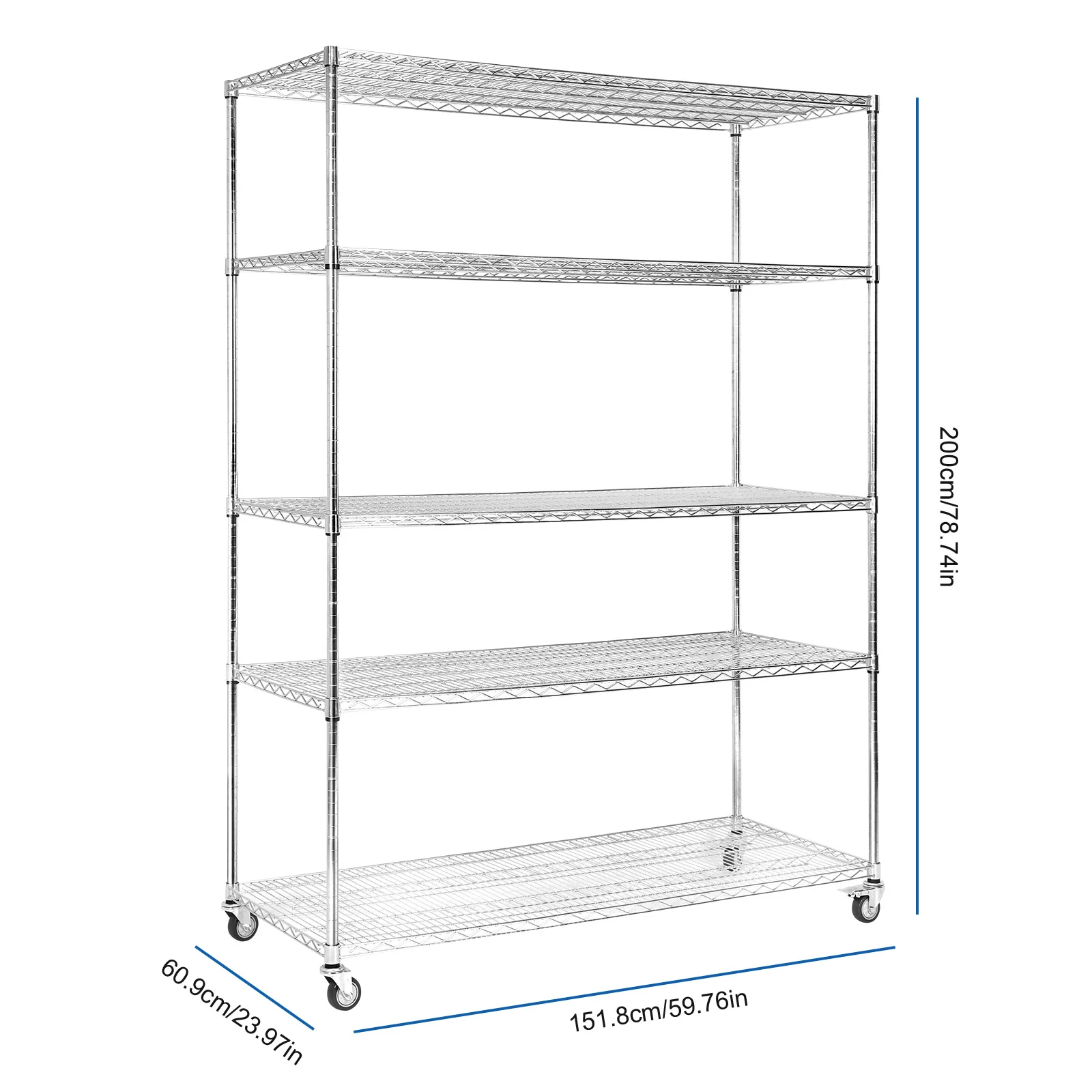 5 Tier 7500lbs Capacity Rolling Storage Shelf 1518x609x2000mm​ Storage Racks and Shelving for Warehouses Closets Kitchen School