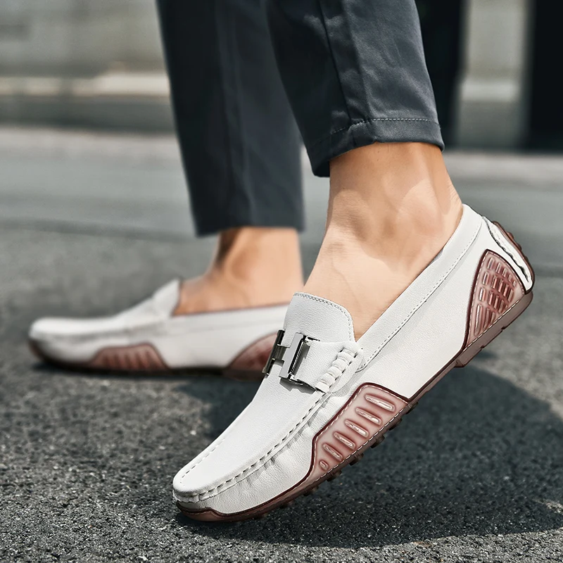 High Quality Men's Casual Leather Shoes Cowhide Loafers Soft Luxury Pea Shoes Green Genuine Leather Men's Flats Driving Shoes 6