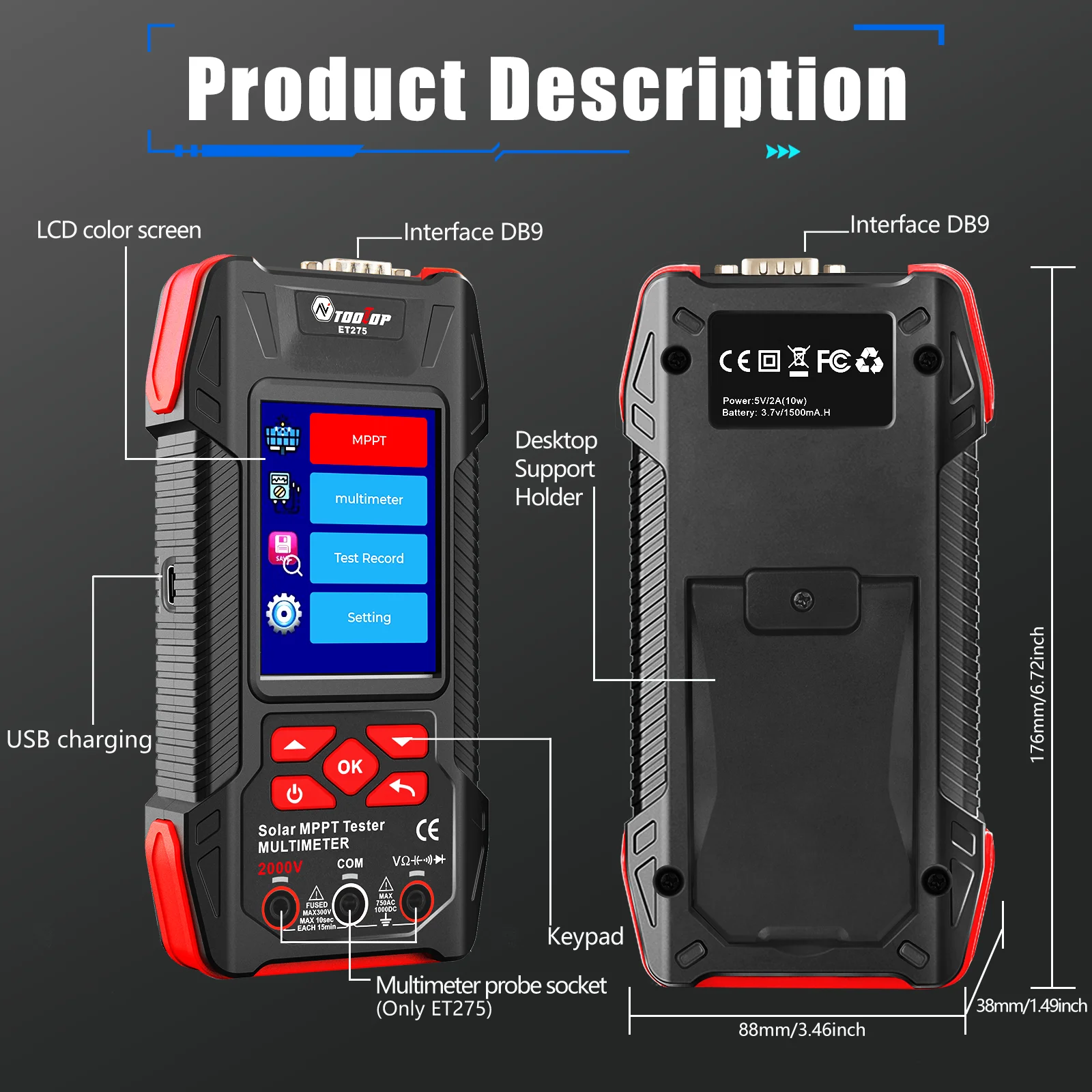 2000W Solar Panel Tester 3.2Inch MPPT Curves Photovoltaic Multimeter Pmax Voc Ls