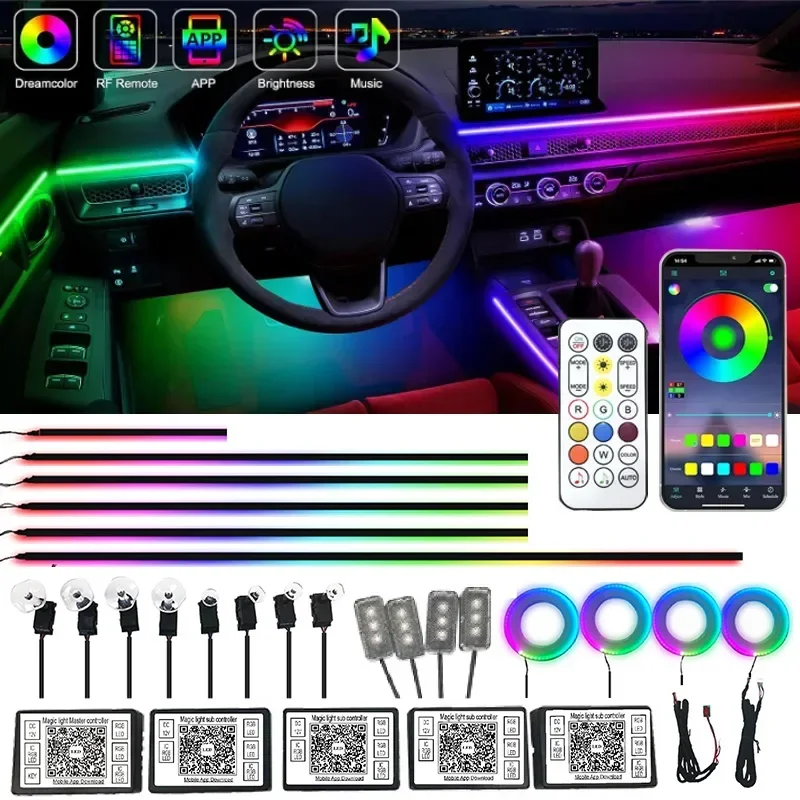 자동차 인테리어용 범용 분위기 심포니 조명, RGB 213 색상, LED 아크릴 스트립 장식, 주변 조명 앱 제어, 22 인 1