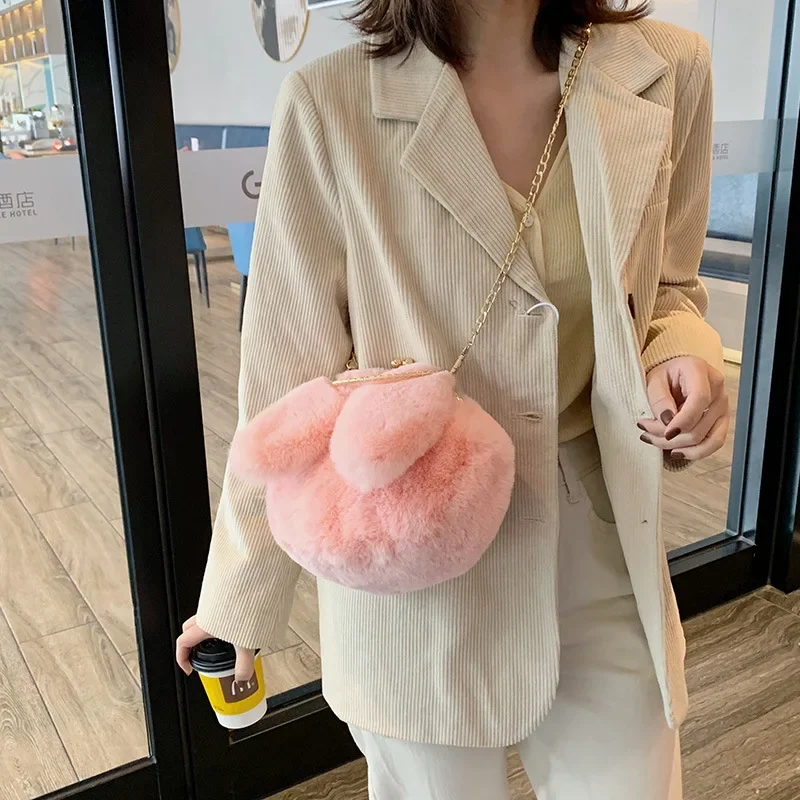 

Sweet Rabbit Ears Mao Mao Bag Imitation Rex Rabbit Plush Handbag Princess Clip Bags Hand Chain Bag Shoulder Crossbody Bags