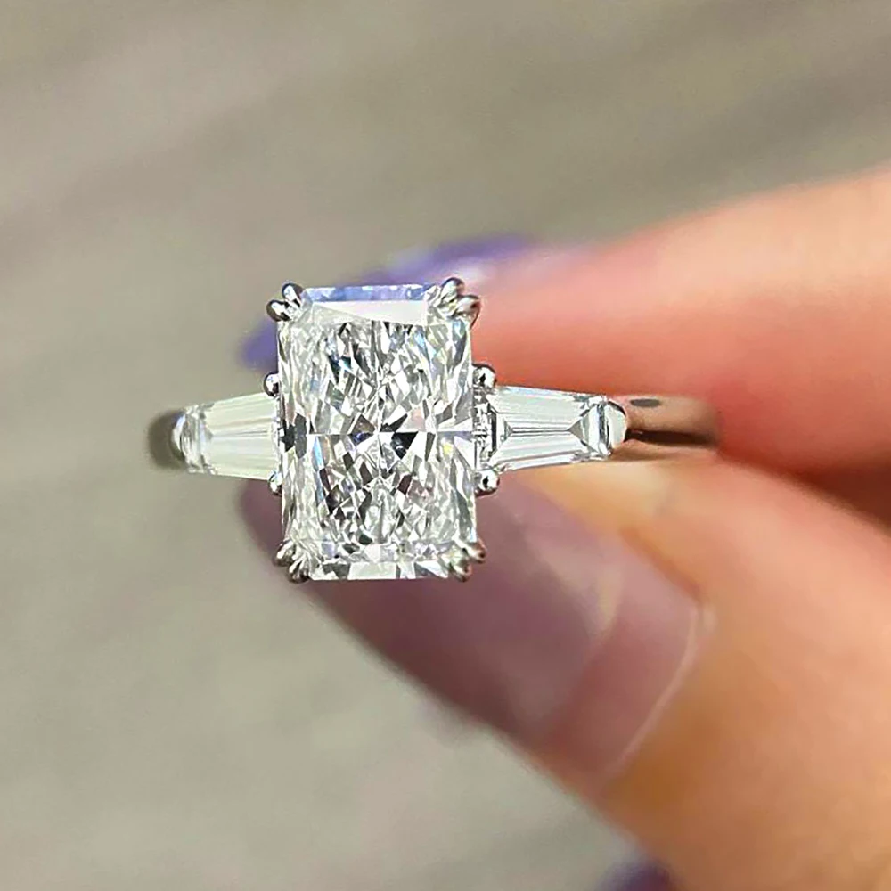 1/2/3/4Carat Radiant Cut Full Moissanite Engagement Ring with Tapered Baguette Shape Diamond S925 Silver Wedding Rings for Women 4