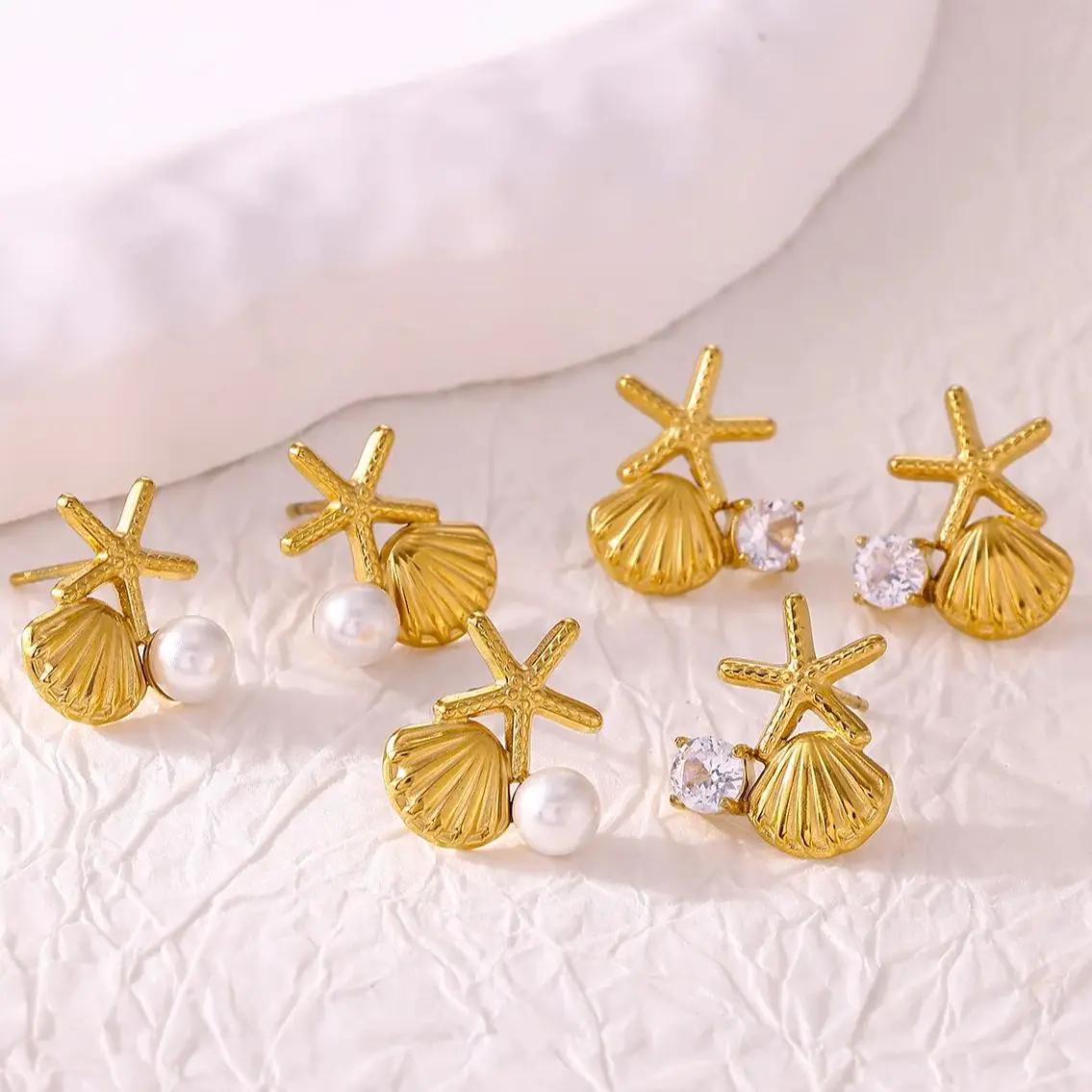 Minimalist Zircon Peral Shell Starfish Earrings for Women
