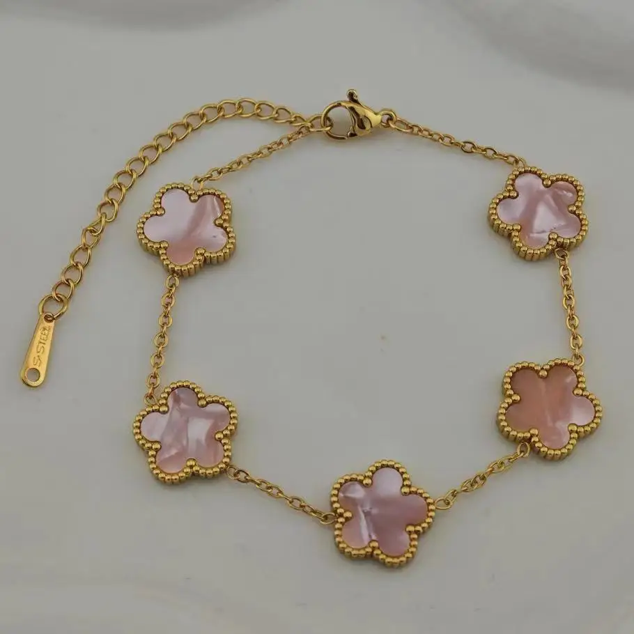18k Gold Plated Lucky Five-Leaf Flower Stainless Steel Bracelet Women's Exquisite Five-Pointed Star Luxury Party Jewelry Gift 1
