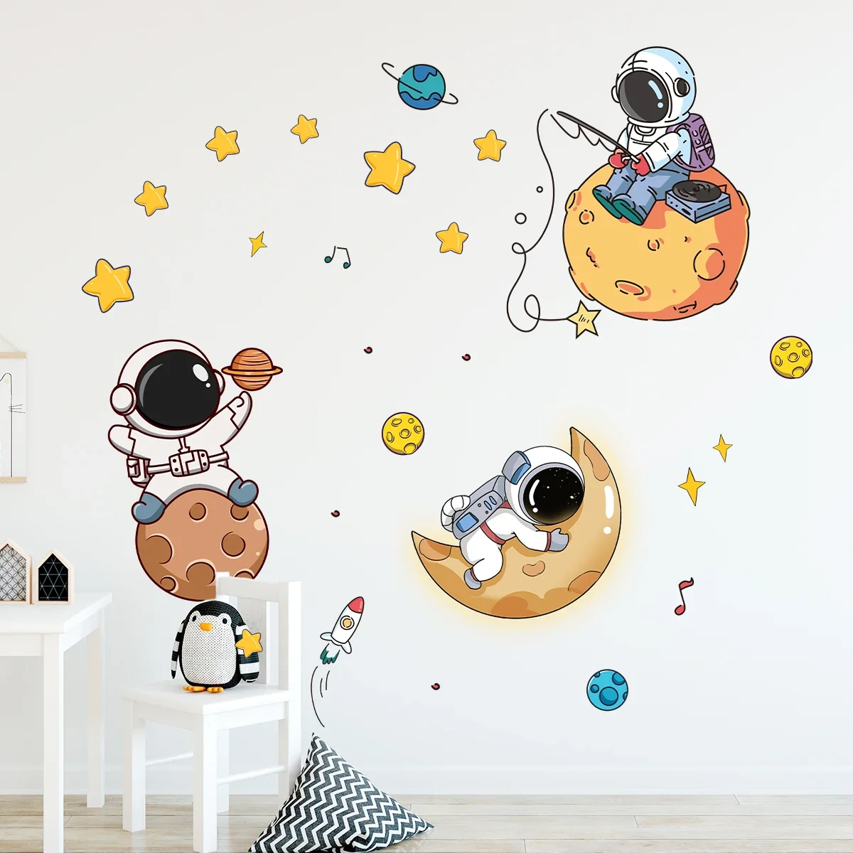 Astronauta adesivos de parede para quarto das crianças, planeta, lua, estrela, astronauta, sala de estar, quarto, decoração do lar, decalque, 1pc