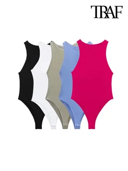 TRAF Women Fashion With Halter Neck Skinny Bodysuit Sexy Sleeveless Snap-button Female Playsuits Mujer