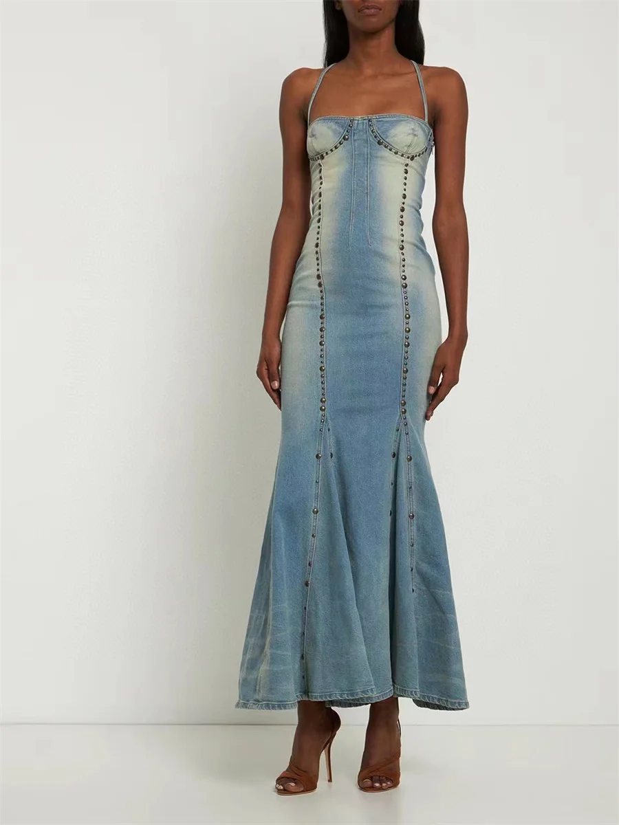 

2023 summer new, women's slim beaded long denim dress, fashion fishtail dress, high quality, women's skirt, Y2K clothes traf