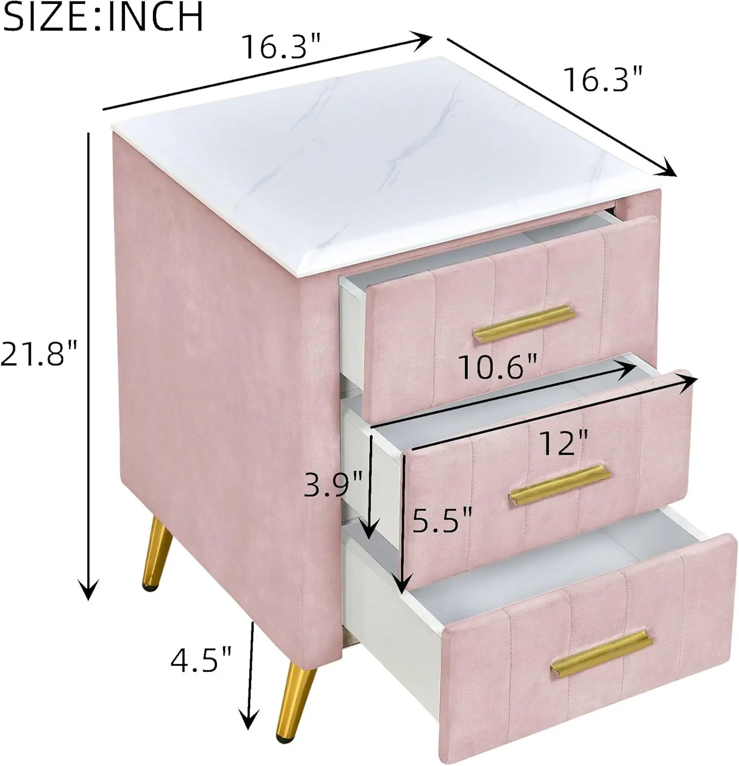 Padded Wooden Bedside Table with Three Drawers and Handles Pink Marble Countertop Children's Wood Polished