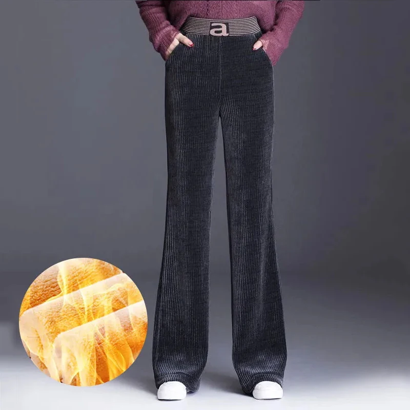 

Vintage Winter Wide Leg Pant Super Warm Cashmere Corduroy Pants Women Fashion Elastic High Waist Thick Snow Flare Pantalones