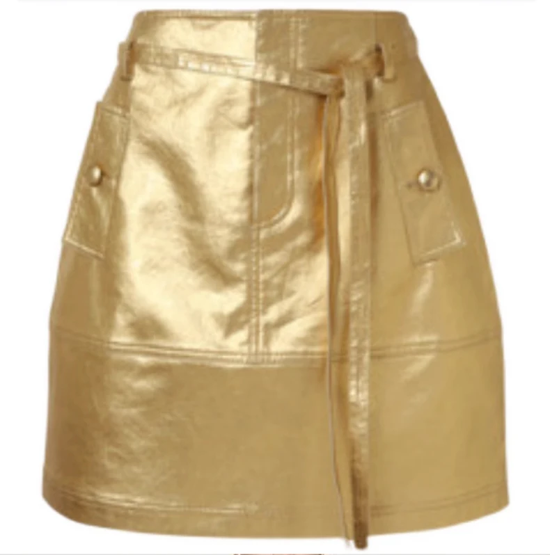 

Summer Autumn Gold Shiny Faux Leather Skirt Women With Sashes A Line Korean Style Clothes Streetwear Falda Runway Fashion