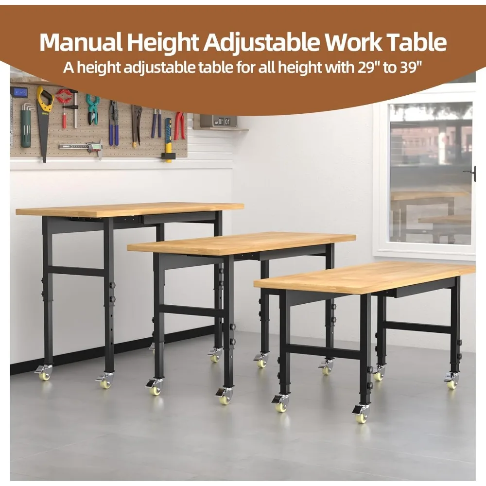 60'' Adjustable Workbench, Metal Work Bench Table with Wheels and Power Outlet, Rolling Workbench with Drawers, Large Load Capac 6