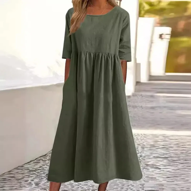 Summer New Cotton and Linen Casual Short Sleeve Pocket Fold Loose Round Neck Women's Dress 300