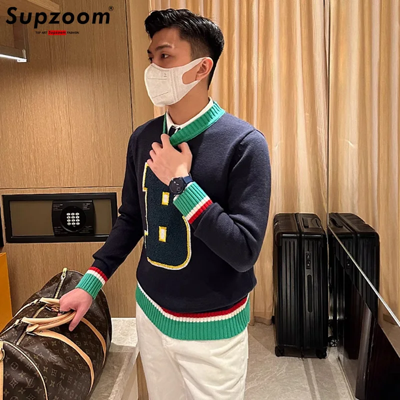 Supzoom New Arrival Top Fashion O-neck Pullovers Appliques Brand Clothing Embroidered Net Red Warm Casual Knitted Men Sweater 2