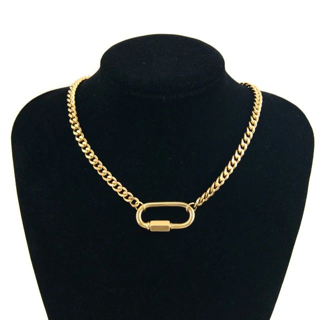 Women Men Statement Stainless Steel Carabiner Clasp Necklace Chunky Curb  Cuban Chain Golden Jewelry Collar Choker