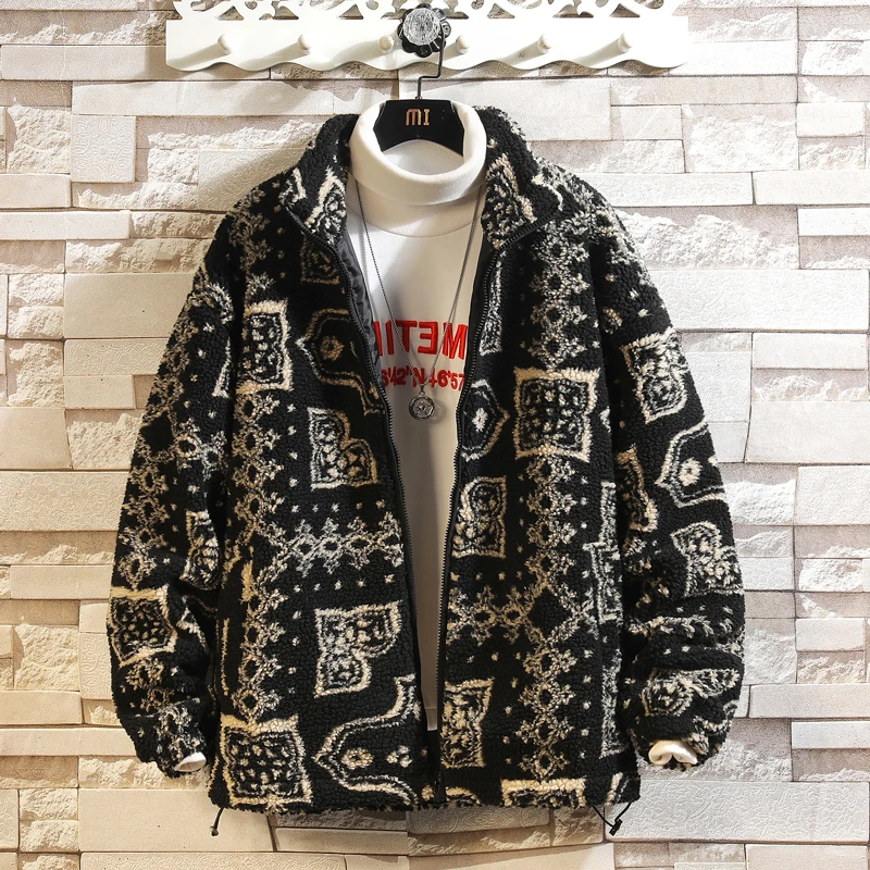 Autumn Winter Lamb Wool Jacket for Men's Thickened Warm Stand Collar Coat Retro Jacquard Loose Casual Jacket Social Men Clothing 2