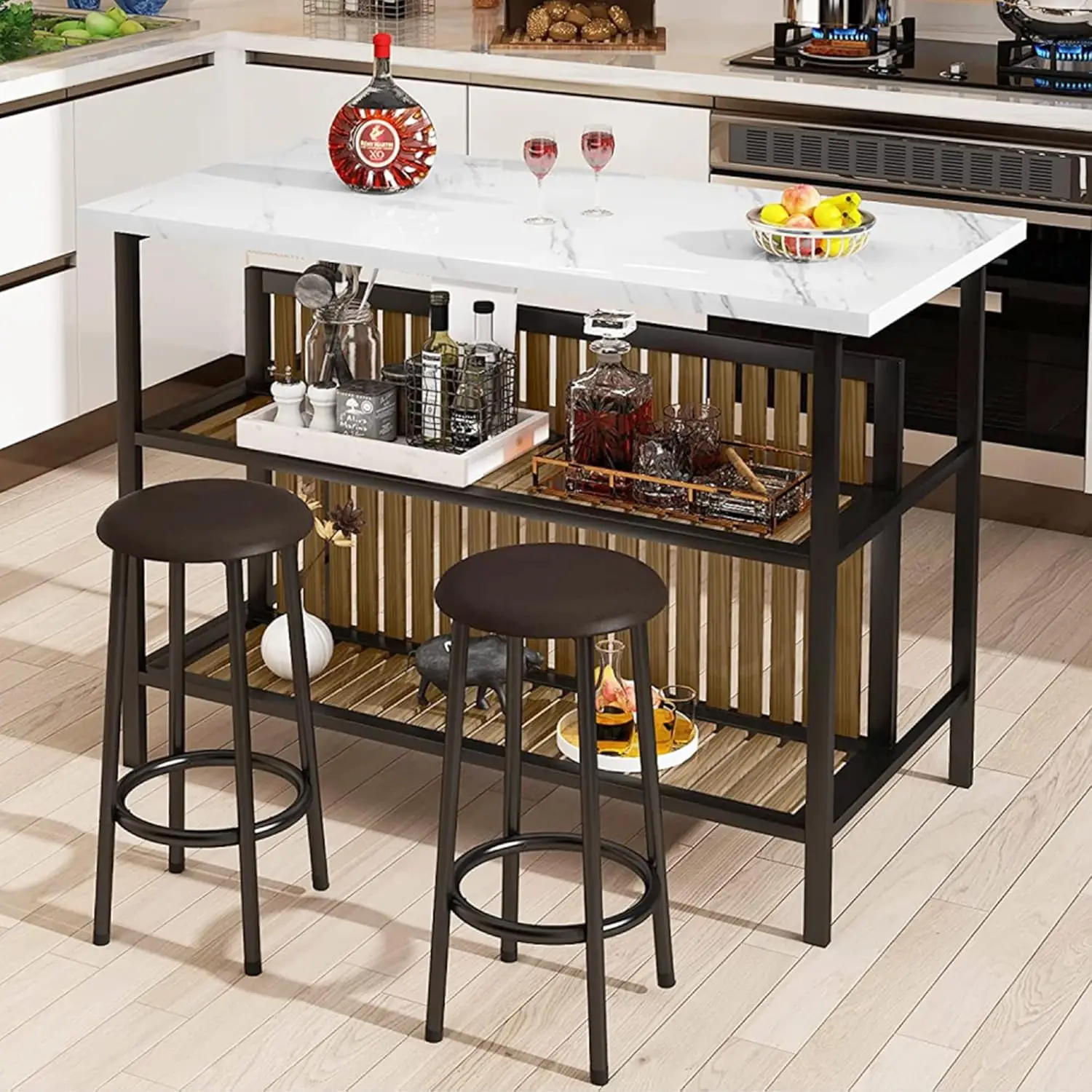 Kitchen Island with Seating & Storage Shelf, Faux Marble Island Table for Kitchen, Modern Bar Table and Chairs Set for 2,Di
