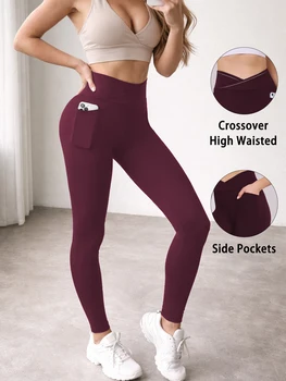 Women's Super Soft Crossover High Waisted Legging With Pockets Tummy Control No See Through Workout Yoga Running Leggings 1