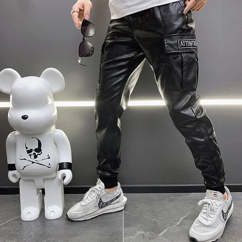 Description Picture 4 of itemThickened Camouflage Leather Pants Hip Hop Large Pocket Casual Leather Pants Men's Elastic Waist Leather PU Pant Motorcycle Pant