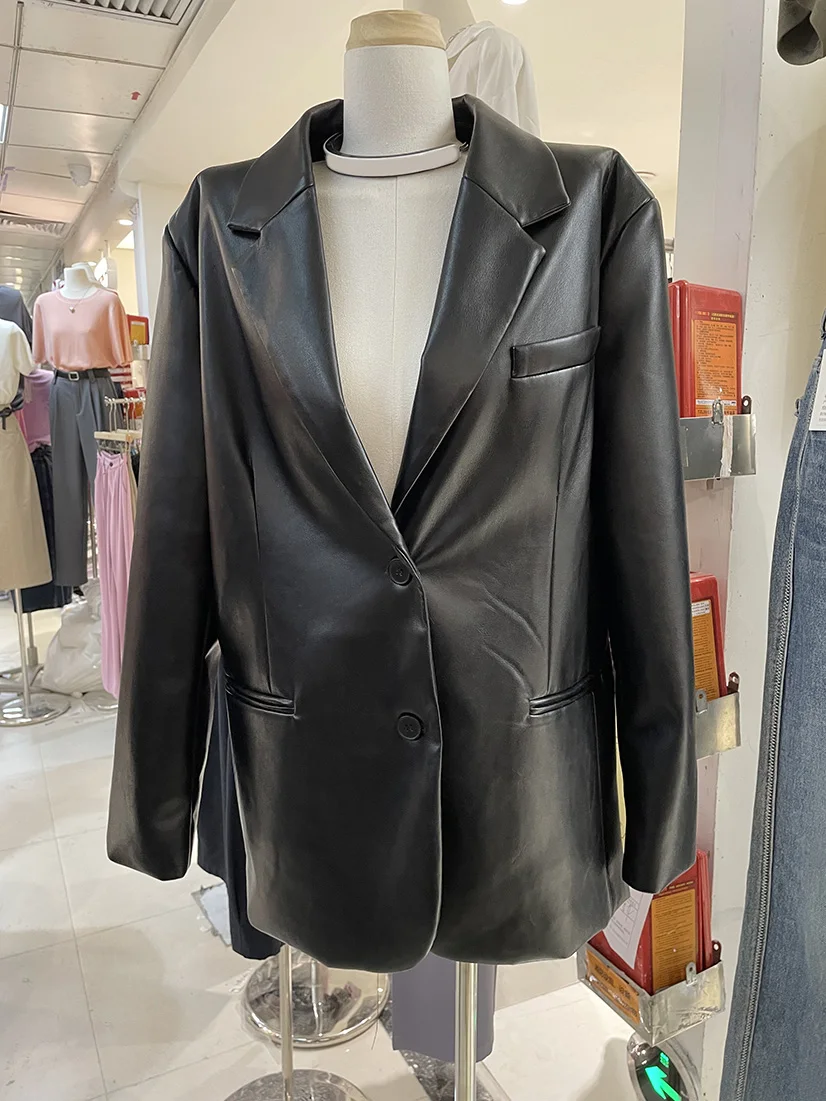 

2023 Spring Autumn New Korean Vintage PU Leather Jacket Women Black Medium Length Loose Turndown-Collar Casual Faux Leather Coat