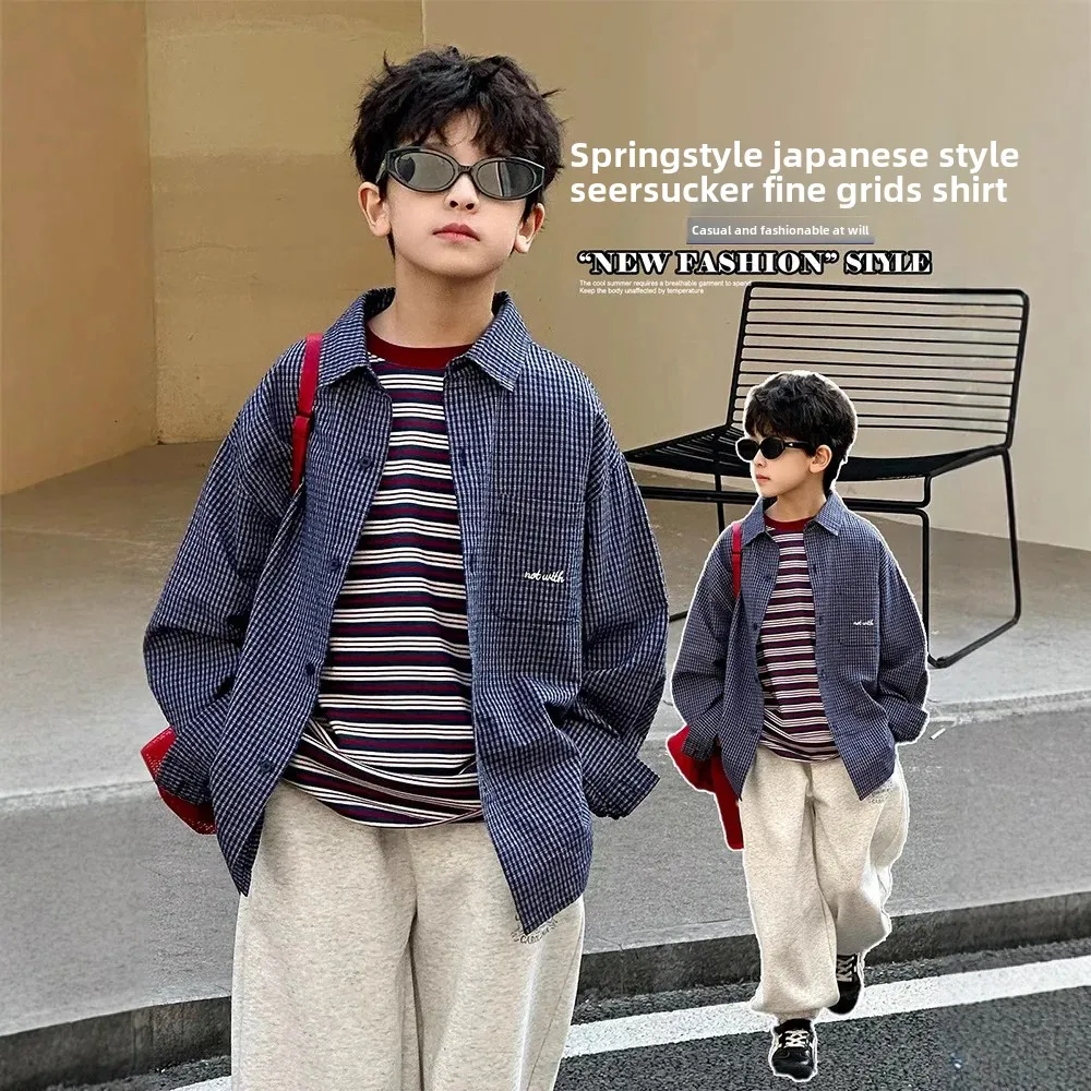 Boys Plaid Bubble Shirt Spring Retro Japanese Style Children's Clothing Large Quantity Cross-Border Male Children
