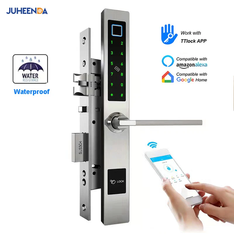 JUHEENDA 방수 블루투스 TTLock 앱, 알루미늄 슬라이딩 문짝, 스마트 잠금, 지문 IC 카드, 암호 디지털 전자 ..