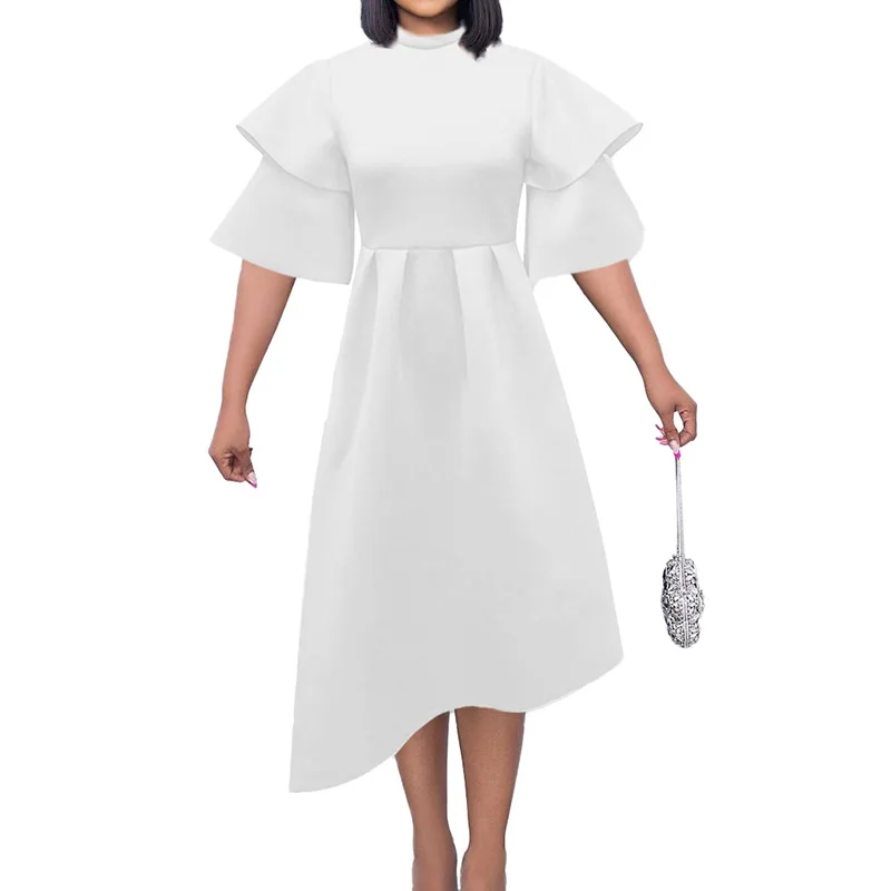 Women Plus Size Clothes Spring Office Lady Half Height Collar Double Layer Ruffle Short Sleeve Solid Zipper Mid Length Dresses