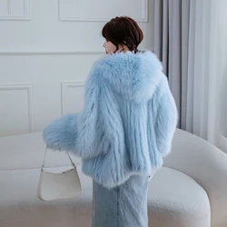 Temperament Woman With Thick Fur Coat Fox Fur Winter Warm Knitting Coat Outdoor Elegant Luxury Wind Hooded Fur Coat