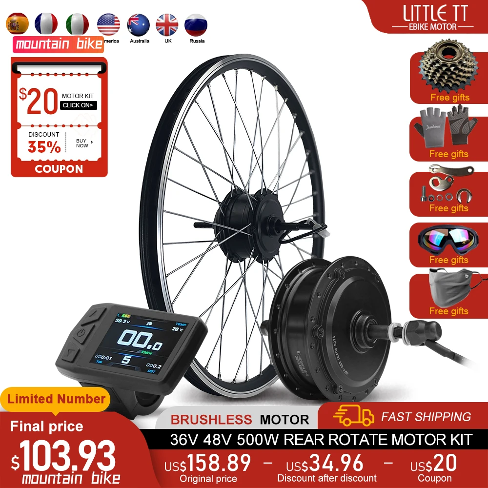 Ebike Conversion Kit 36V 48V 500W Brushless Rear Rotate Hub Motor wheel 16-29inch700C Electric Bike Conversion Kit For Mountain