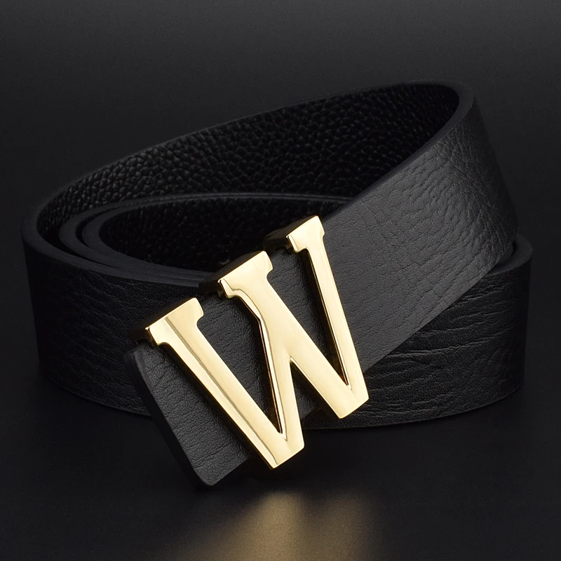 

High quality gold W letter smooth buckle belts men designer luxury brand 3.3cm wide genuine leather Cowskin ceinture homme