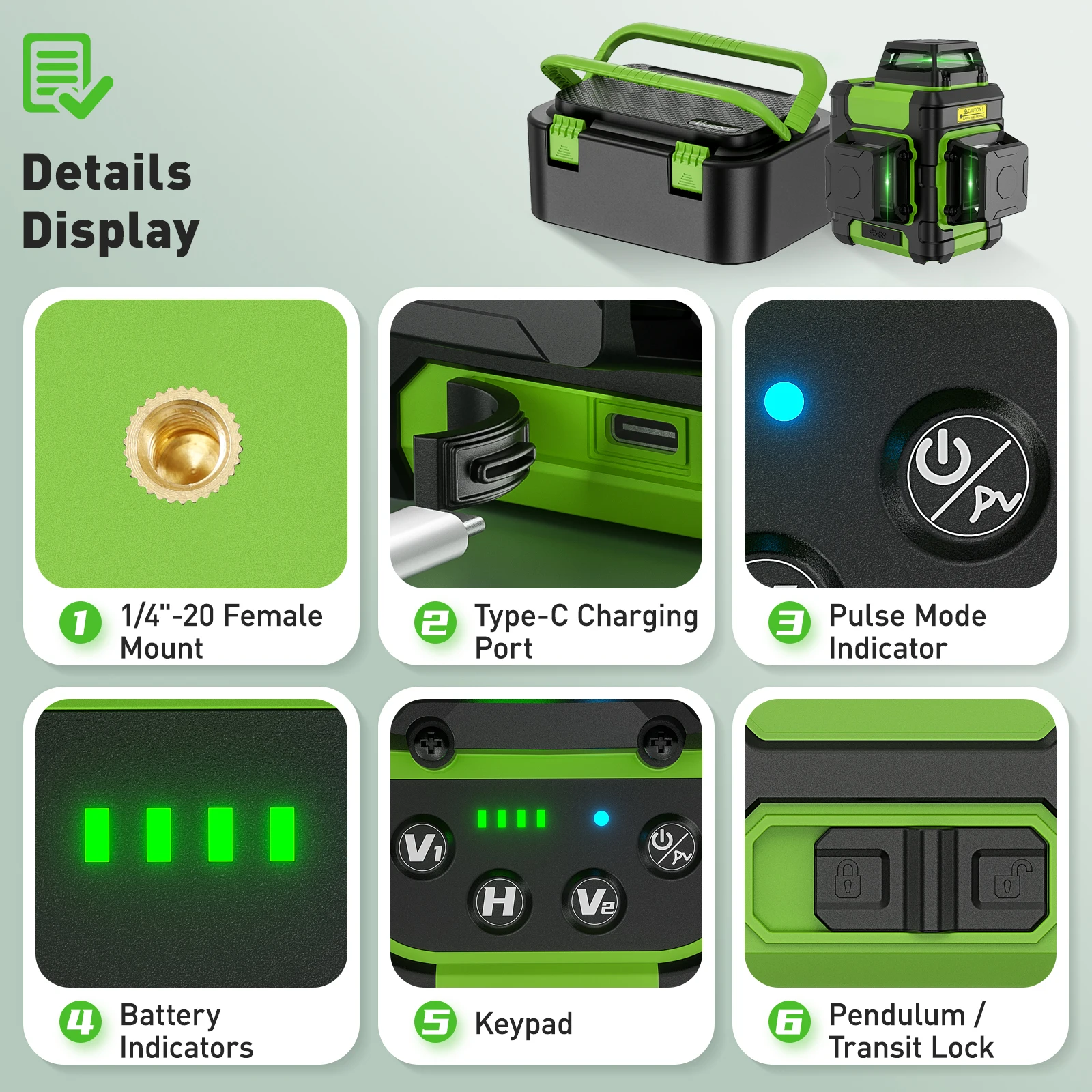 3D Laser Level Osram Green Beam Self-Leveling Cross Line Laser Level Tool Set Wi