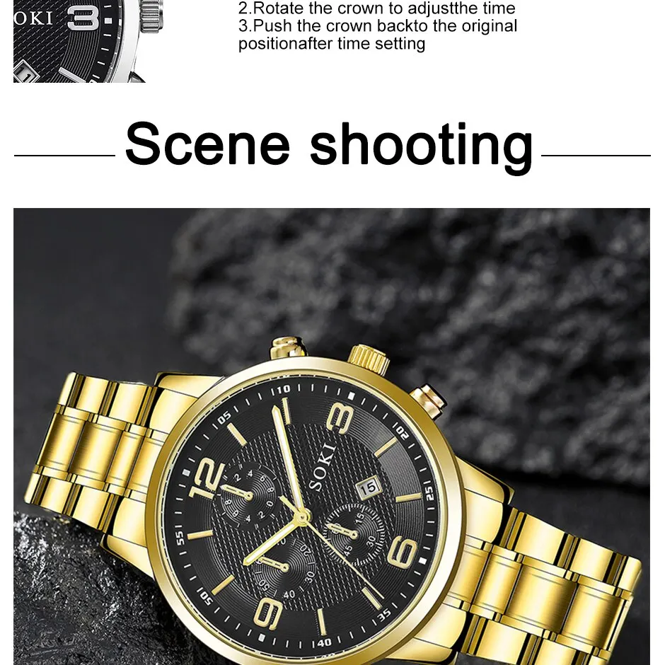 SOKI 2pcs Silver Quartz Watch With Stainless Steel Bracelet For Men Business Fashion Round Calendar Watch Set